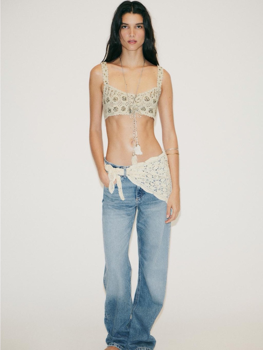 ZARA Straight Leg Jeans with Crochet Scarf & Bralette Set